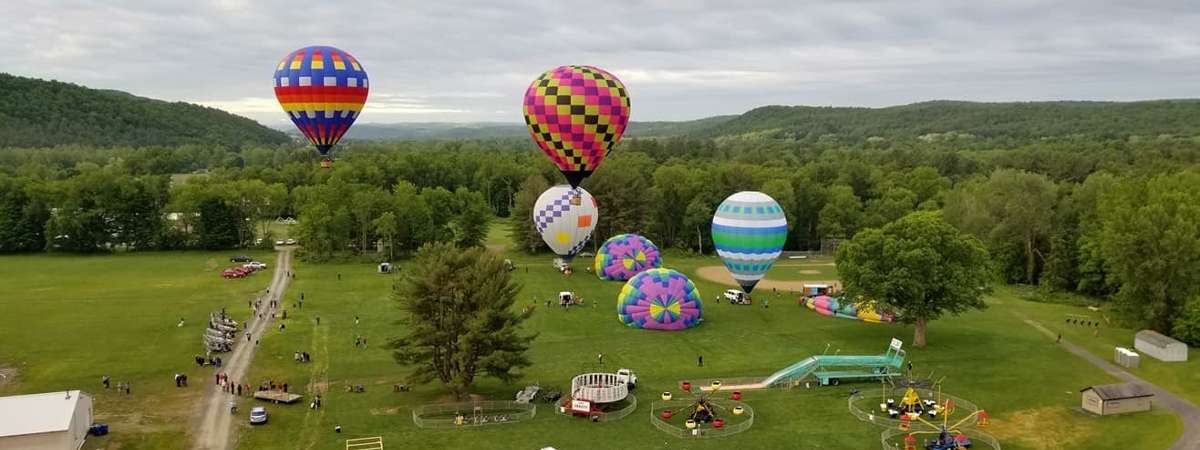 hot air balloons taking flight from a field