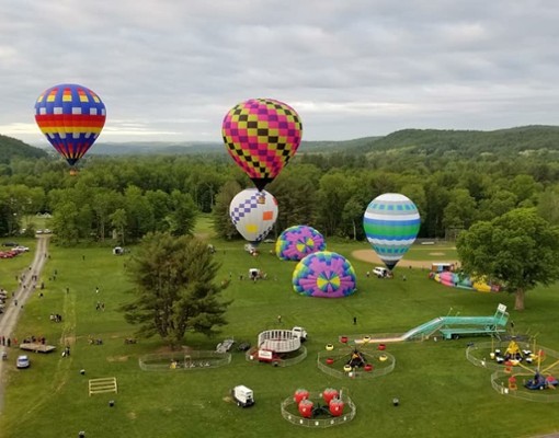 hot air balloons taking flight from a field