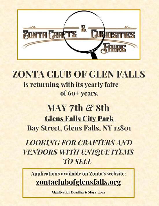 62nd Zonta Craft & Curiosities Faire Saturday, May 7, 2022 until Sunday, May 8, 2022 Glens