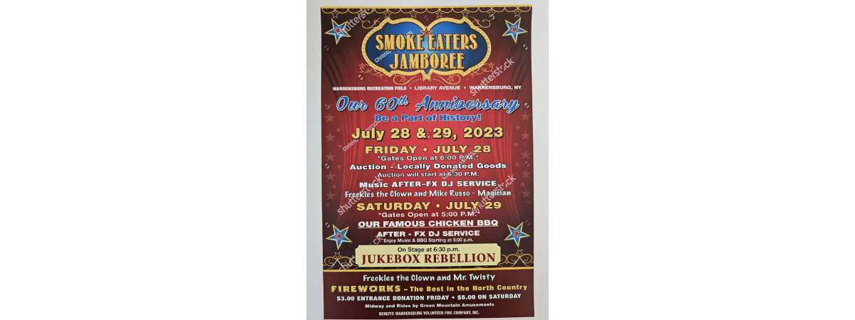smoke eaters jamboree poster, july 28 and 29, chicken bbq, jukebox rebellion, auction