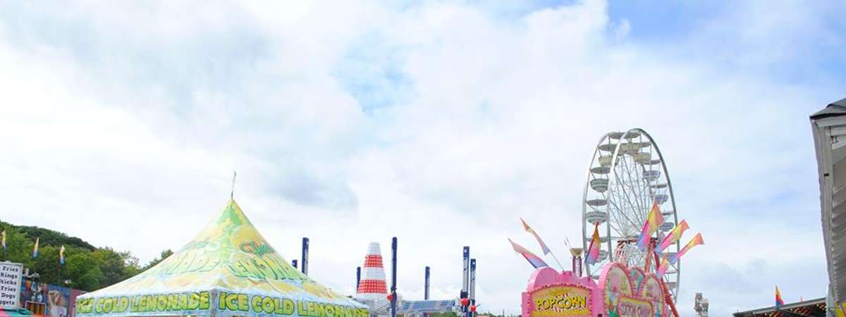 midway with food vendors and ferris wheel in background