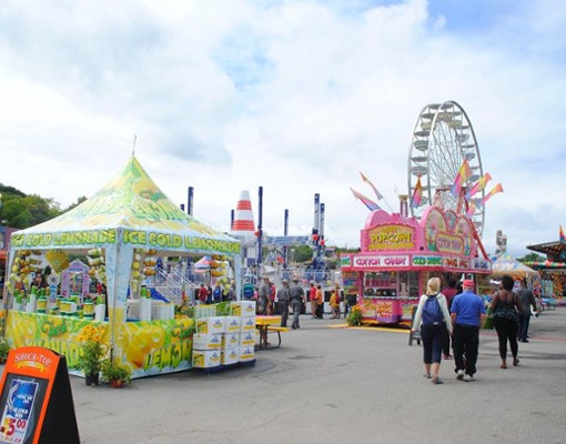 midway with food vendors and ferris wheel in background