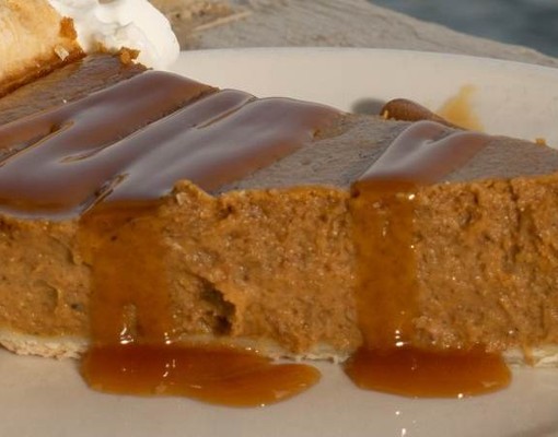 pumpkin pie with caramel drizzled