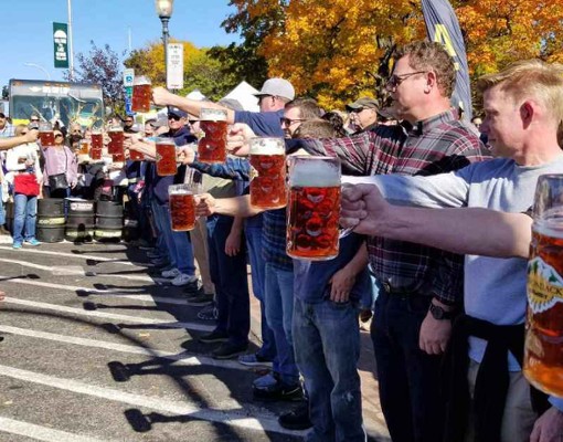 people lined up with beer