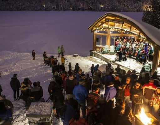 group of people near outdoor stage in winter
