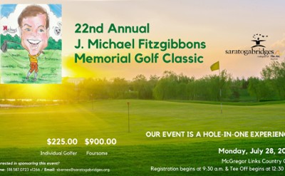 J. Michael Fitzgibbons caricature on a golf course with the words "22nd Annual J. Michael Fitzgibbons Memorial Golf Classic" and the Saratoga Bridges Logo.