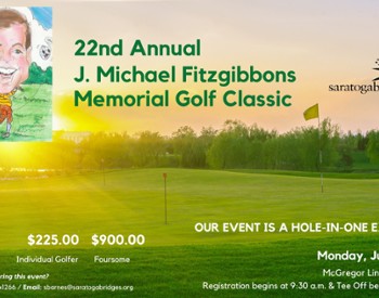 J. Michael Fitzgibbons caricature on a golf course with the words "22nd Annual J. Michael Fitzgibbons Memorial Golf Classic" and the Saratoga Bridges Logo.