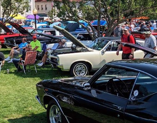 cars and people in park, some have hoods up