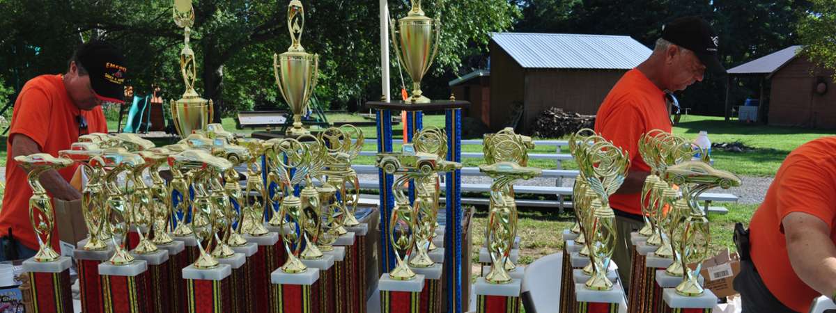 a bunch of trophies on a table