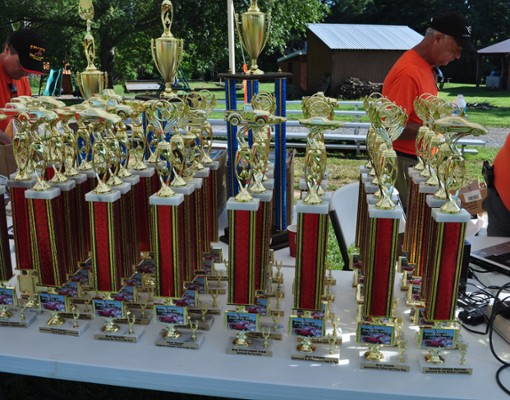 a bunch of trophies on a table