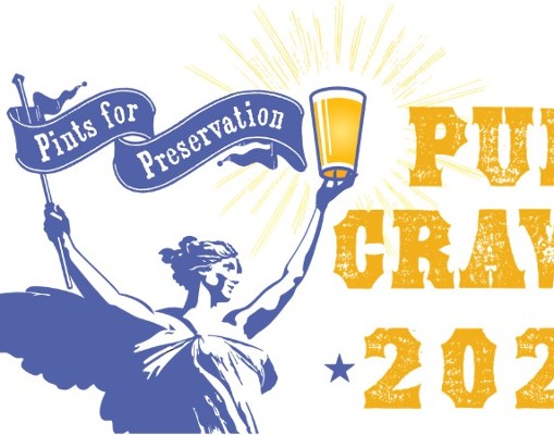 Pub Crawl logo with participating bar logos: Druthers, Bailey's Gaffney's The Grotto, and Whitman Brewing