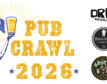 Pub Crawl logo with participating bar logos: Druthers, Bailey's Gaffney's The Grotto, and Whitman Brewing