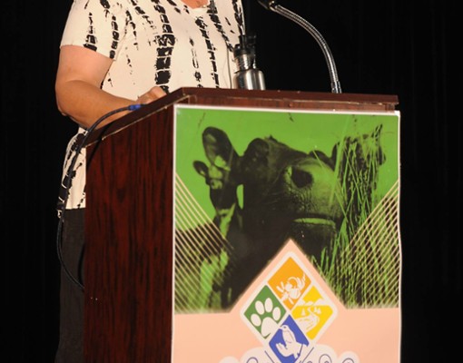 woman speaking at podium
