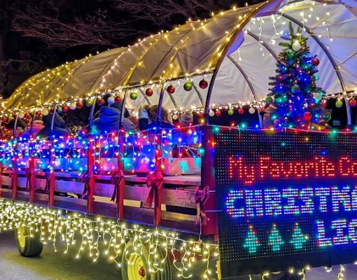 wagon ride with lights that spell out my favorite color is christmas lights