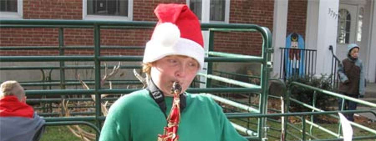 person playing saxophone in holiday costume