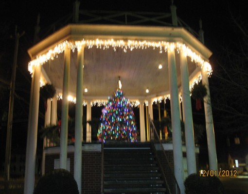 a christmas tree with lights under an outdoor structure