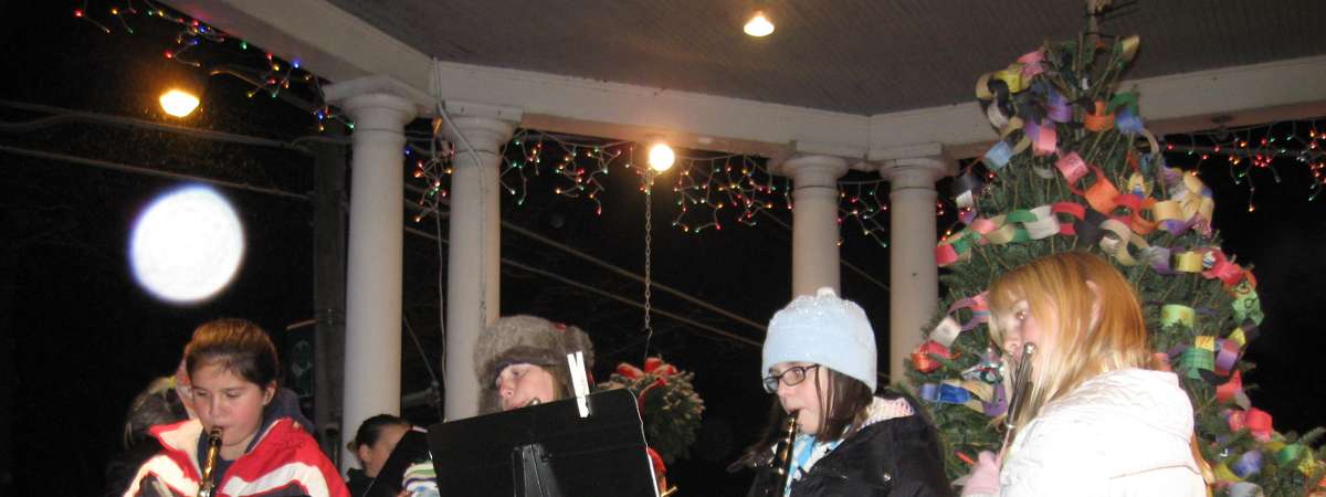 students playing instruments in a bandstand at night