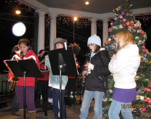 students playing instruments in a bandstand at night