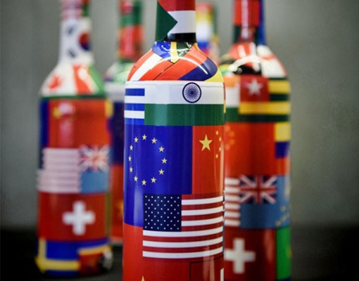 wine bottles with international flags on them