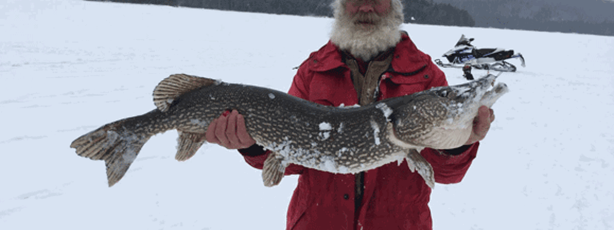 man holding long ice fish