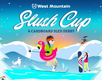 slush cup event graphic with skiing flamingo