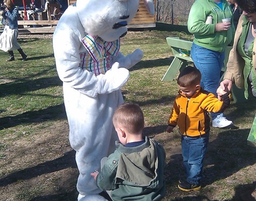 Easter Bunny talking to kids