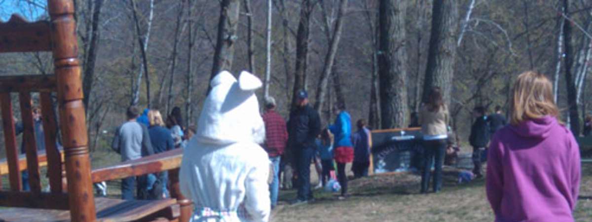 Easter Bunny walking over to people
