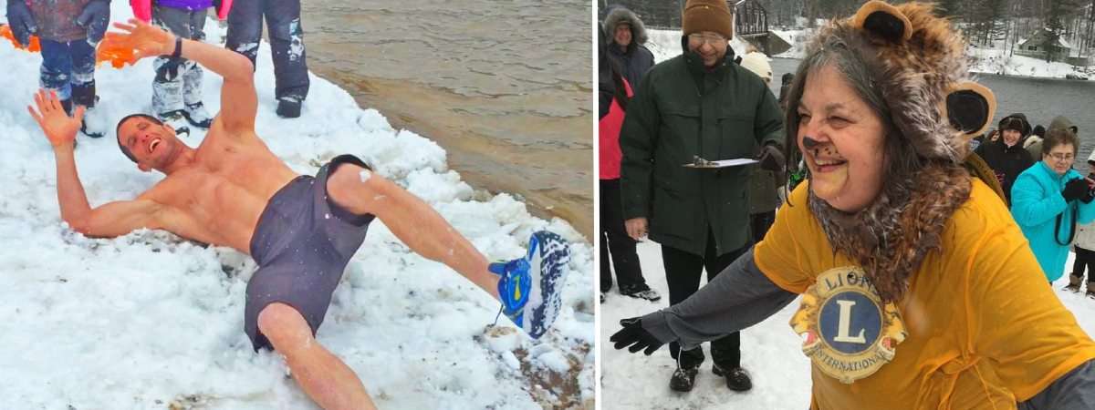shirtless man rolls in the snow, lions club woman is dressed like a lion