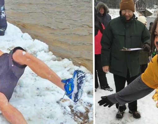 shirtless man rolls in the snow, lions club woman is dressed like a lion