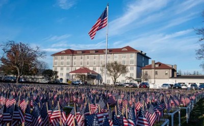 lots of flags lined up in a field