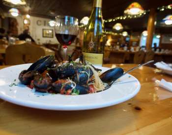 mussels dish and wine