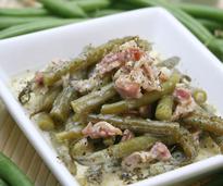 green bean casserole with pieces of meat