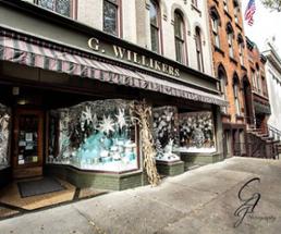 front of g. willikers toy store in winter