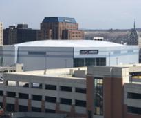 exterior view of MVP Arena from a distance