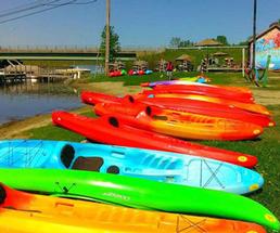 a row of colorful kayaks on the ground