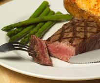 steak with a baked potato and asparagus