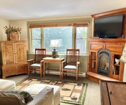 bedroom with windows, chairs, adirondack-style rug, tv over flireplace