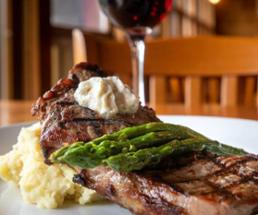 steak, mashed potatoes, and asparagus
