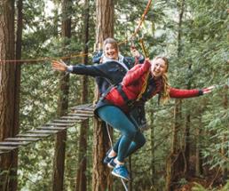 young women on treetop course pose