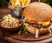 cheeseburger, coleslaw, and fries