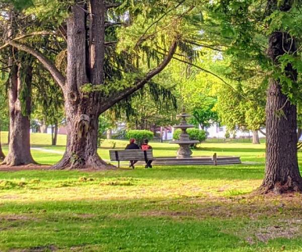 two people sit on a bench in front of a fountain in a park