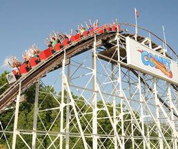 The Comet's red train as the rollercoaster descends the first hill at The Great Escape.