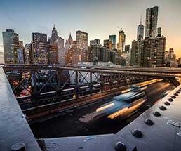 Skyscrapers in New York City as night falls