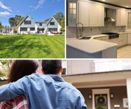 collage of three photos, blue house exterior, back of couple looking at house, and an all white kitchen