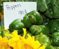 green bell pepper display at farmers market