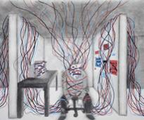 painting of a person drowning in wires and computers