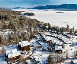 aerial view of lake george in the winter