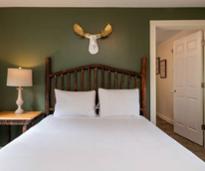 bed in guest room with fake moose head over it