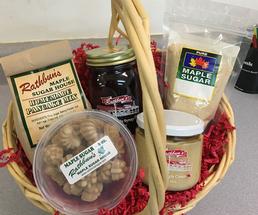 a gift basket of maple products