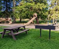 picnic table and grill by playground in park